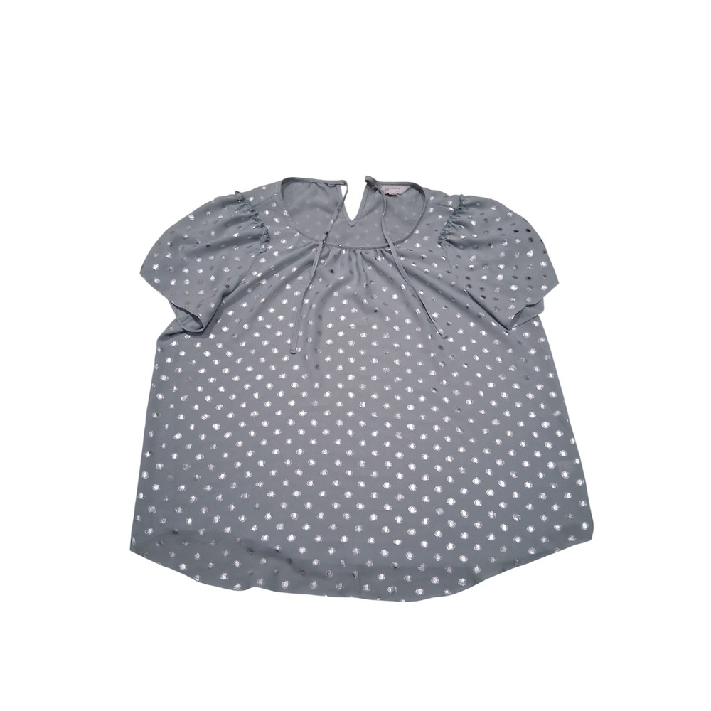 LC Lauren Conrad Women Silver Foil Polka Dot Tie Neck Blouse Sage Green Large